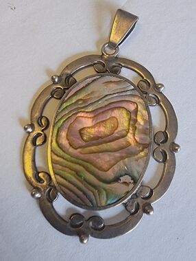 Sterling 925  Taxco Mexico Abalone Shell Oval Pendant - Iridescent Green/Pink